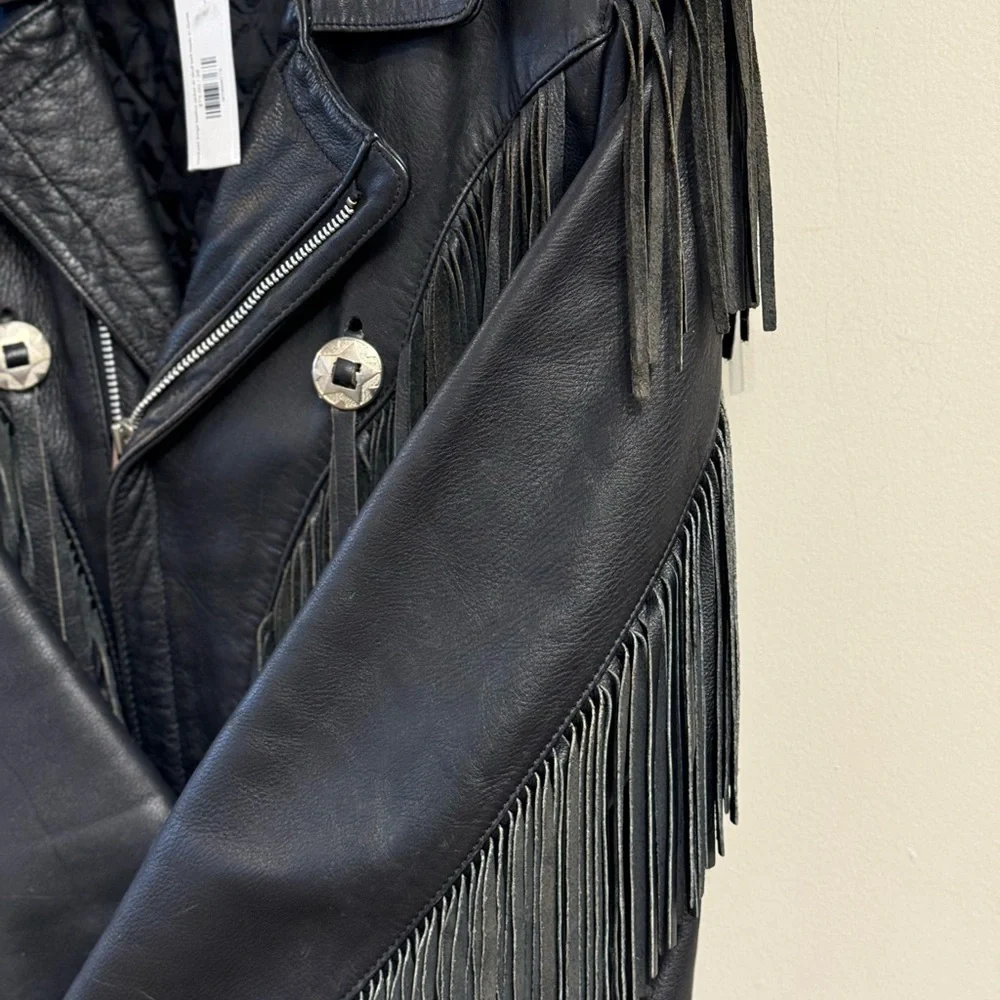 Verducci size 38 black leather fringe moto jacket skull buttons - Picture 5 of 15